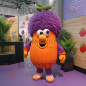 Purple Apricot mascot costume character dressed with a Bermuda Shorts and Hairpins