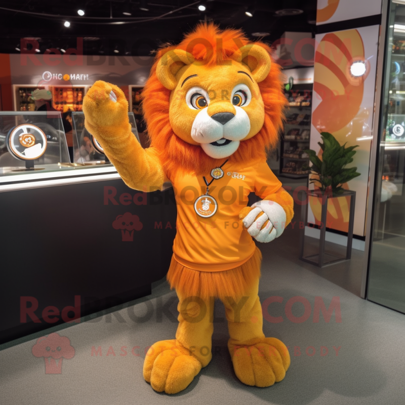 Orange Lion mascot costume character dressed with a Mini Skirt and Bracelet watches