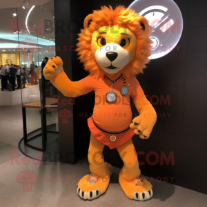 Orange Lion mascot costume character dressed with a Mini Skirt and Bracelet watches