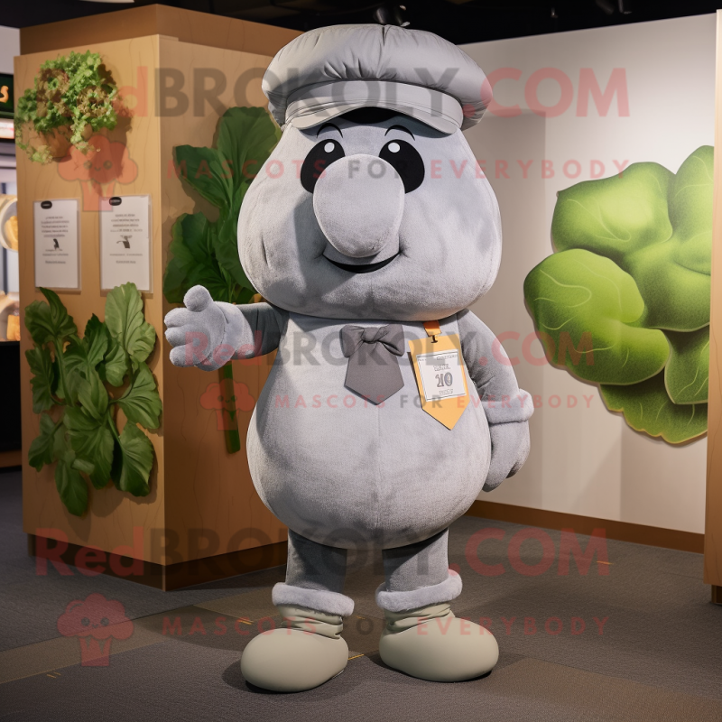 Gray Turnip mascot costume character dressed with a Jumpsuit and Berets