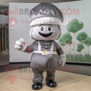 Gray Turnip mascot costume character dressed with a Jumpsuit and Berets