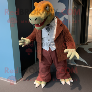 Rust Iguanodon mascot costume character dressed with a Pleated Skirt and Cufflinks