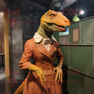Rust Iguanodon mascot costume character dressed with a Pleated Skirt and Cufflinks