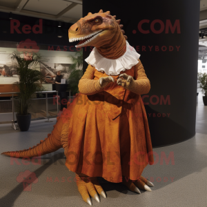 Rust Iguanodon mascot costume character dressed with a Pleated Skirt and Cufflinks