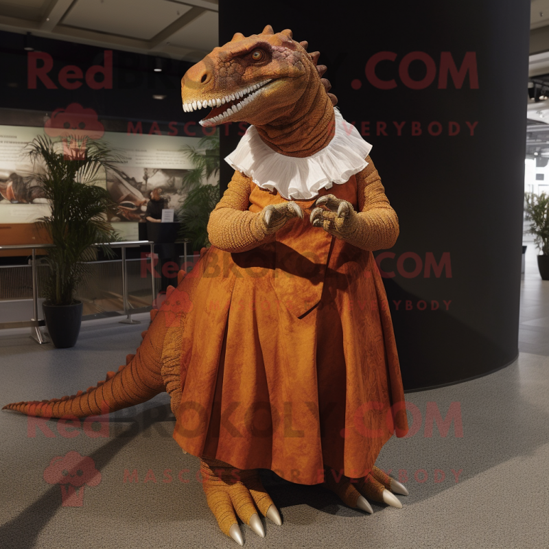 Rust Iguanodon mascot costume character dressed with a Pleated Skirt and Cufflinks