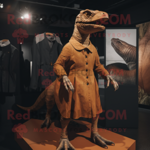 Rust Iguanodon mascot costume character dressed with a Pleated Skirt and Cufflinks