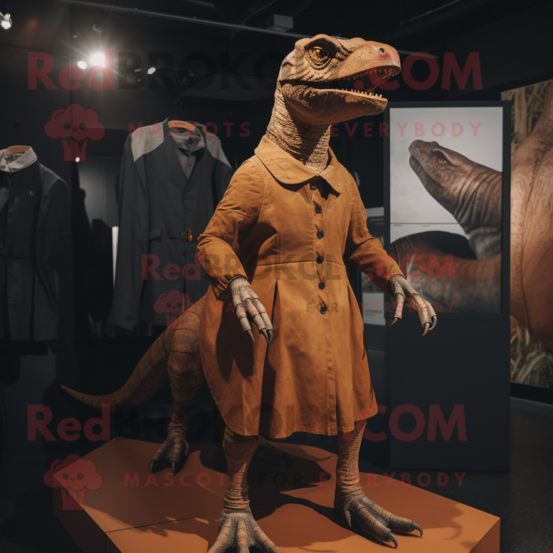 Rust Iguanodon mascot costume character dressed with a Pleated Skirt and Cufflinks Rust Iguanodon mascot costume character dressed with a Pleated Skirt and Cufflinks