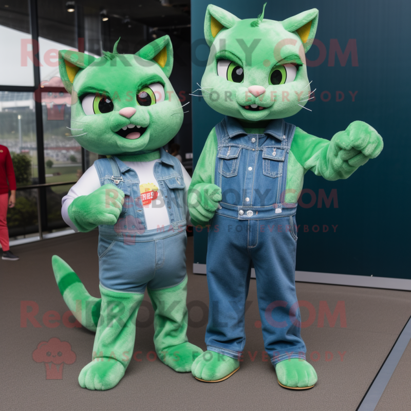 Green Cat mascot costume character dressed with a Mom Jeans and Pocket squares