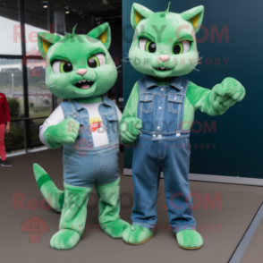 Green Cat mascot costume character dressed with a Mom Jeans and Pocket squares