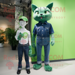 Green Cat mascot costume character dressed with a Mom Jeans and Pocket squares