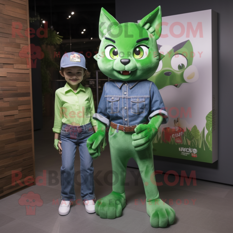 Green Cat mascot costume character dressed with a Mom Jeans and Pocket squares