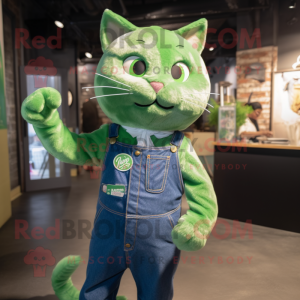 Green Cat mascot costume character dressed with a Mom Jeans and Pocket squares