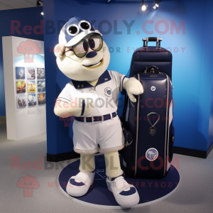 Navy Golf Bag mascot costume character dressed with a Graphic Tee and Digital watches