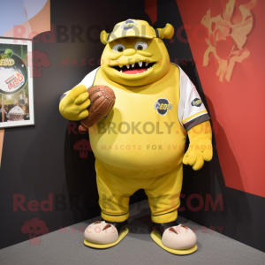 Lemon Yellow Ogre mascot costume character dressed with a Baseball Tee and Pocket squares