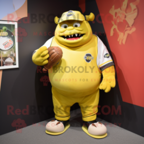 Lemon Yellow Ogre mascot costume character dressed with a Baseball Tee and Pocket squares