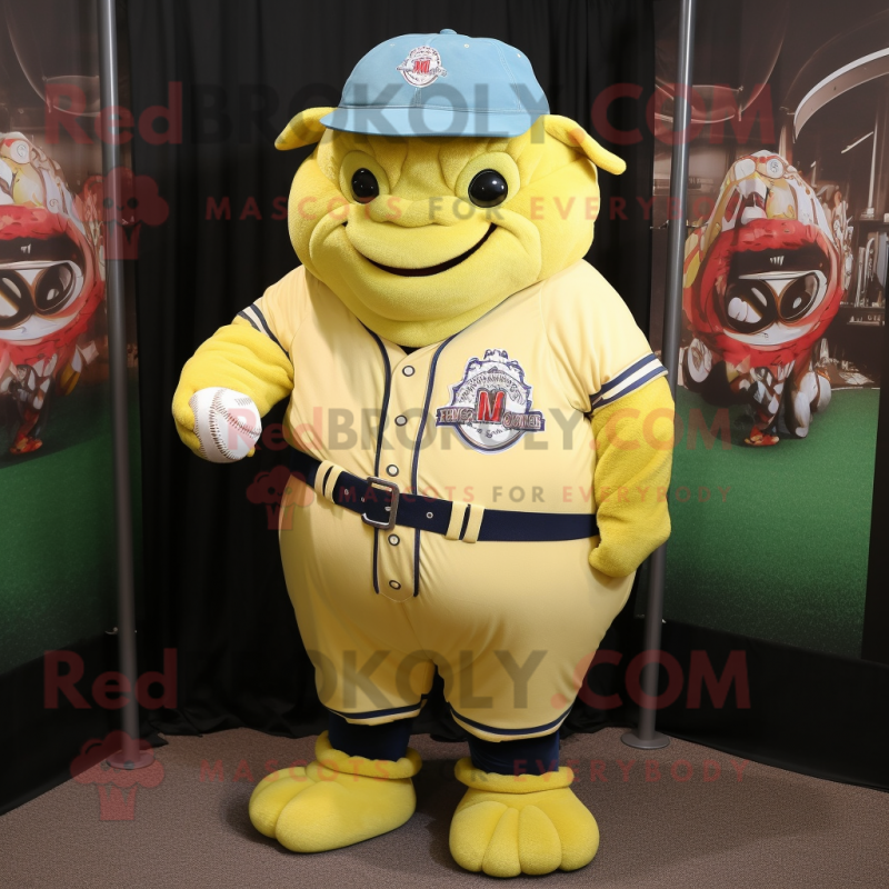 Lemon Yellow Ogre mascot costume character dressed with a Baseball Tee and Pocket squares