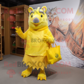 Lemon Yellow Wild Boar mascot costume character dressed with a Wrap Skirt and Tote bags