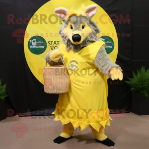 Lemon Yellow Wild Boar mascot costume character dressed with a Wrap Skirt and Tote bags