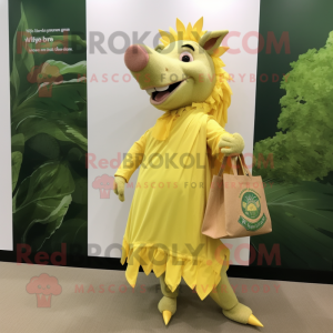 Lemon Yellow Wild Boar mascot costume character dressed with a Wrap Skirt and Tote bags