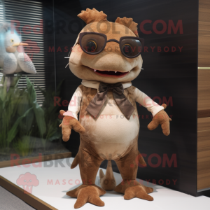 Brown Axolotls mascot costume character dressed with a Bodysuit and Eyeglasses