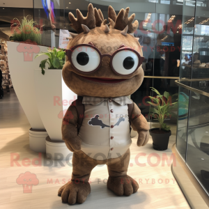 Brown Axolotls mascot costume character dressed with a Bodysuit and Eyeglasses