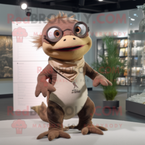 Brown Axolotls mascot costume character dressed with a Bodysuit and Eyeglasses