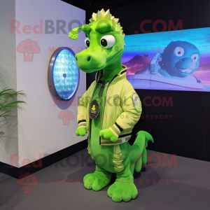 Lime Green Sea Horse mascot costume character dressed with a Bomber Jacket and Lapel pins