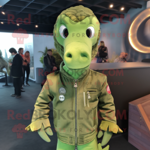Lime Green Sea Horse mascot costume character dressed with a Bomber Jacket and Lapel pins