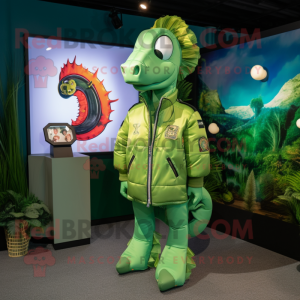 Lime Green Sea Horse mascot costume character dressed with a Bomber Jacket and Lapel pins