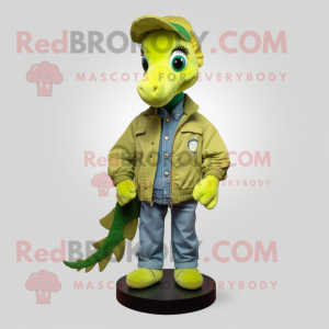 Lime Green Sea Horse mascot costume character dressed with a Bomber Jacket and Lapel pins