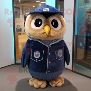 Navy Owl mascot costume character dressed with a Cover-up and Hairpins