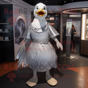 Silver Goose mascot costume character dressed with a Skirt and Belts