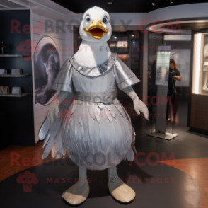 Silver Goose mascot costume character dressed with a Skirt and Belts