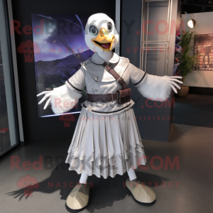 Silver Goose mascot costume character dressed with a Skirt and Belts