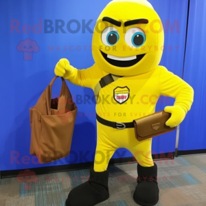 Yellow Commando mascot costume character dressed with a Blazer and Wallets