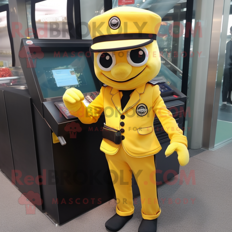 Yellow Commando mascot costume character dressed with a Blazer and Wallets Yellow Commando mascot costume character dressed with a Blazer and Wallets