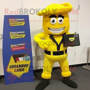 Yellow Commando mascot costume character dressed with a Blazer and Wallets