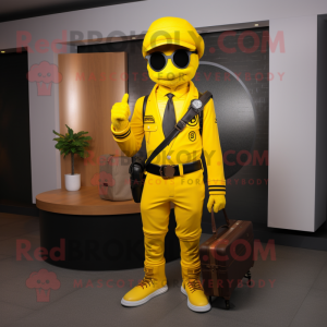 Yellow Commando mascot costume character dressed with a Blazer and Wallets