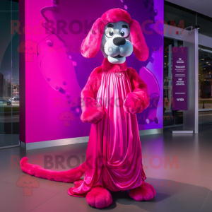 Magenta Dog mascot costume character dressed with a Evening Gown and Headbands