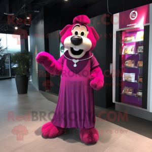 Magenta Dog mascot costume character dressed with a Evening Gown and Headbands