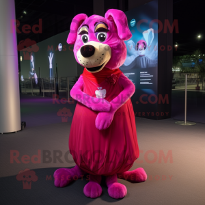 Magenta Dog mascot costume character dressed with a Evening Gown and Headbands