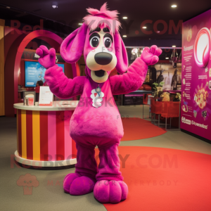 Magenta Dog mascot costume character dressed with a Evening Gown and Headbands