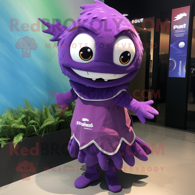 Purple Tuna mascot costume character dressed with a Skirt and Scarf clips Purple Tuna mascot costume character dressed with a Skirt and Scarf clips