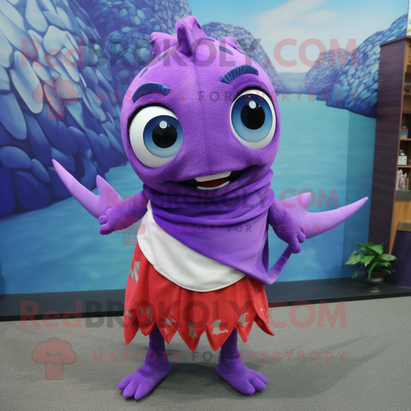 Purple Tuna mascot costume character dressed with a Skirt and Scarf clips