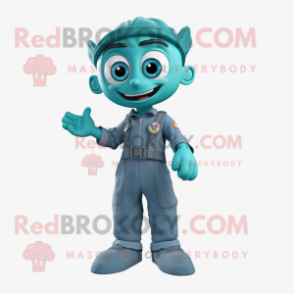 Teal Arrow Of Love mascot costume character dressed with a Overalls and Belts
