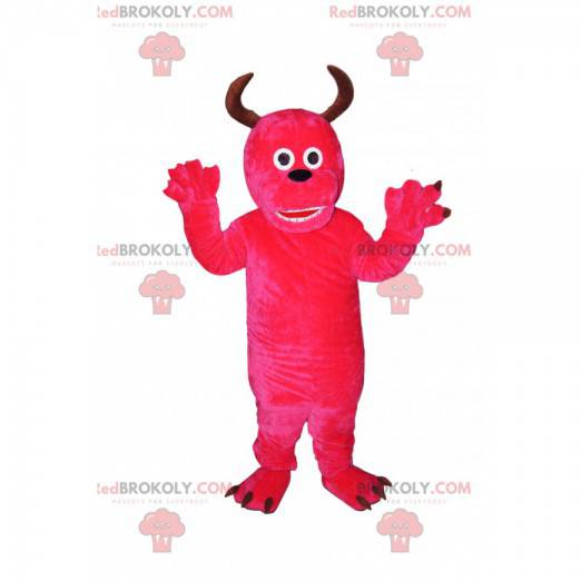 Mascota alegre monstruo fucsia con cuernos - Redbrokoly.com
