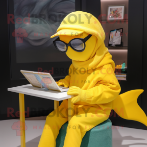 Yellow Dolphin mascot costume character dressed with a Sweater and Reading glasses