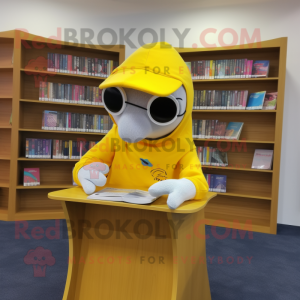 Yellow Dolphin mascot costume character dressed with a Sweater and Reading glasses