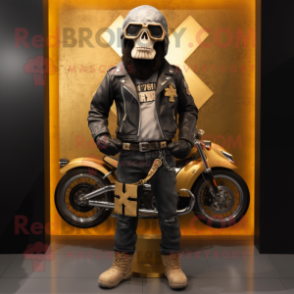 Gold Celtic Cross mascot costume character dressed with a Biker Jacket and Belts