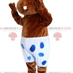 Mascot brown hyppopotamus with a white swimsuit with polka dots